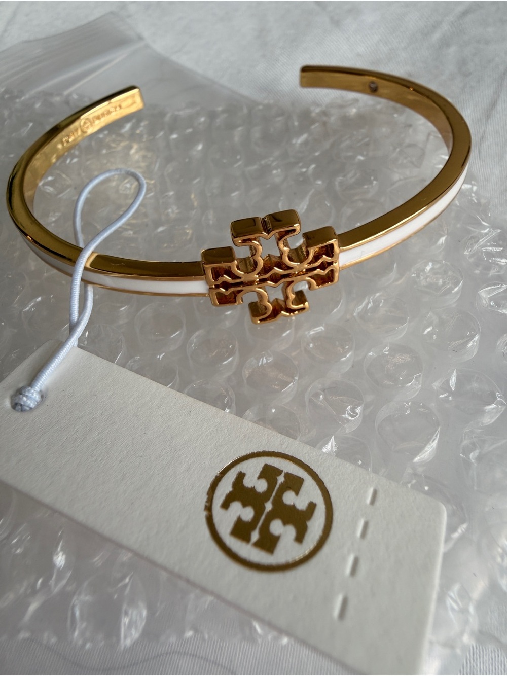 Tory Burch Gold and White Enamel Logo Cuff Bracelet